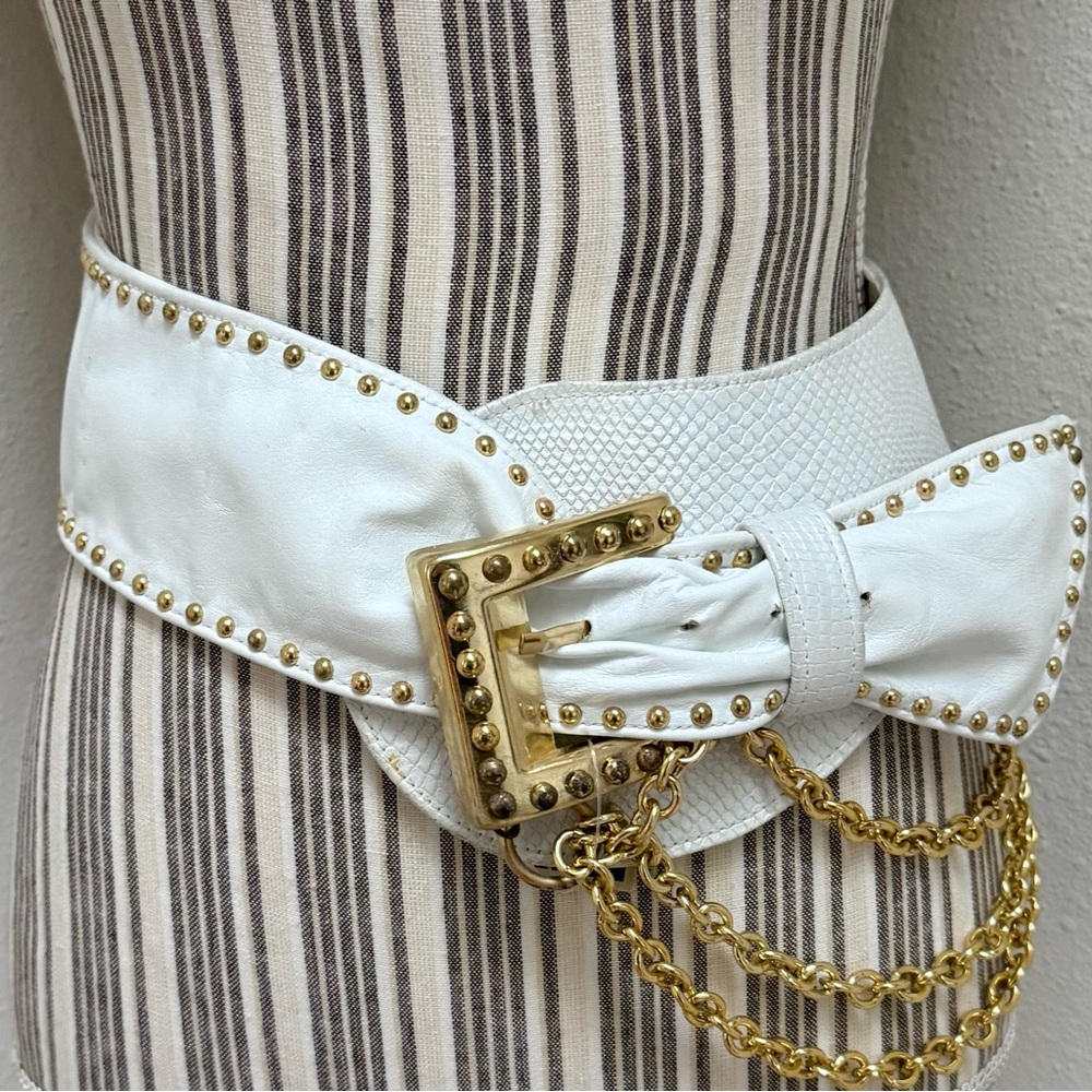 Vintage St. Maarten White Studded Leather Chain Belt Deadstock Y2K Medium